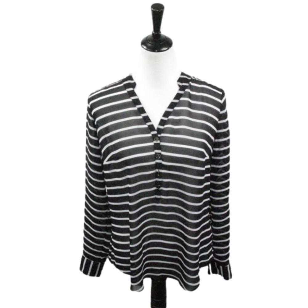 A.n.a Black/White Stripe Sheer Partial Button Front Blouse Size Medium - Picture 1 of 6